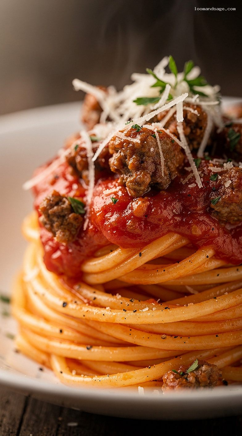 Makaronia Me Kima Greek Spaghetti With Spiced Meat Sauce – Closeup