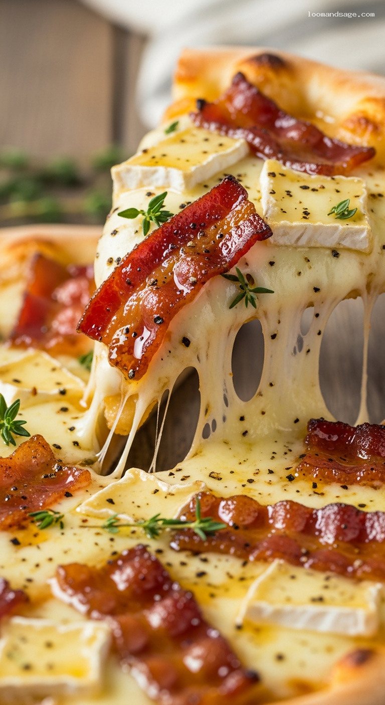 Maple Bacon and Brie Pizza with Mozzarella – Closeup