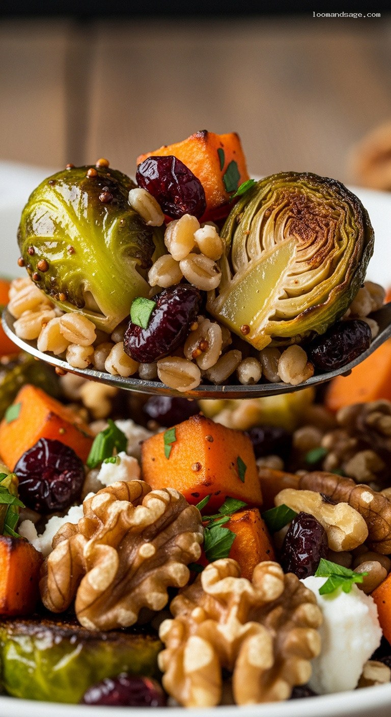 Maple Mustard Farro with Roasted Brussels Sprouts and Sweet Potatoes – Closeup