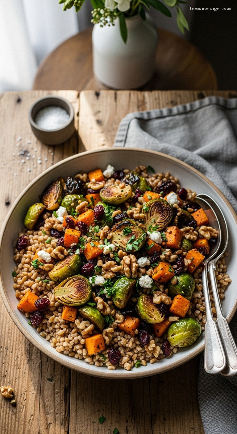 Maple Mustard Farro with Roasted Brussels Sprouts and Sweet Potatoes