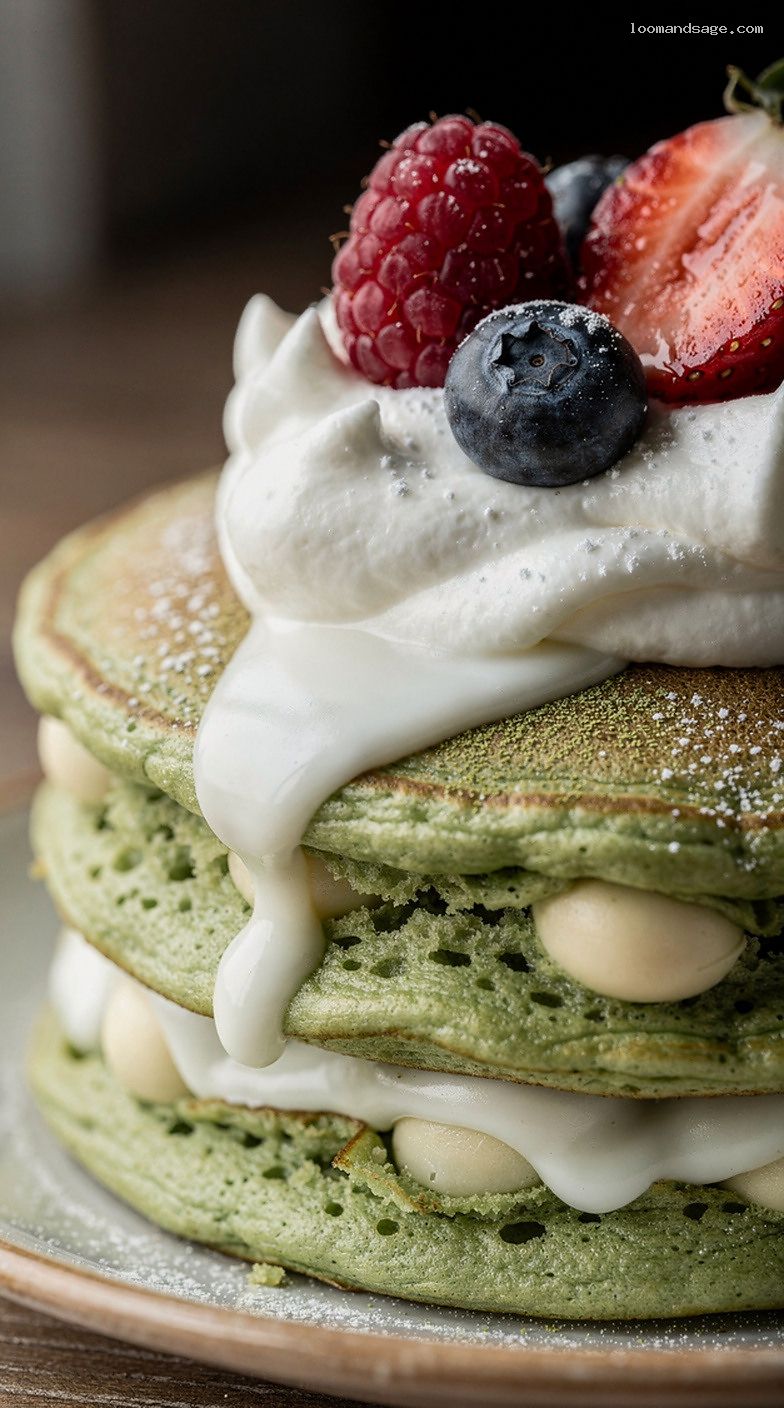 Matcha White Chocolate Chip Pancakes with Berries and Whipped Cream – Closeup