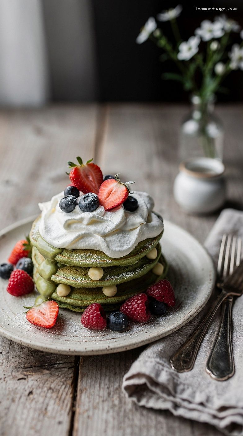 Matcha White Chocolate Chip Pancakes with Berries and Whipped Cream