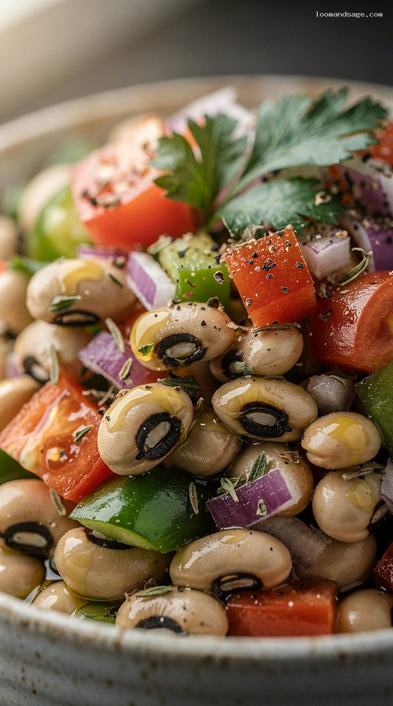 Mavromatika Salata (Black-Eyed Pea Salad) with Tomato and Parsley – Closeup