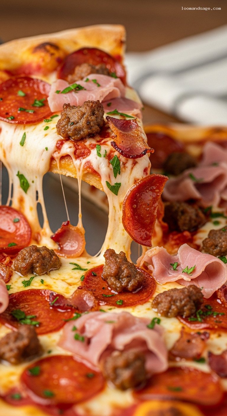 Meat Lover’s Supreme Pizza with Sausage, Bacon and Pepperoni – Closeup