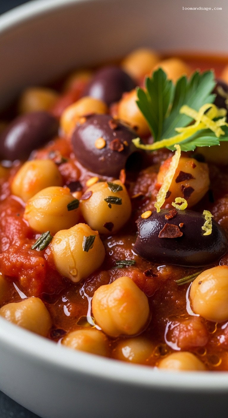 Mediterranean Chickpea, Tomato and Olive Braise with Rosemary – Closeup