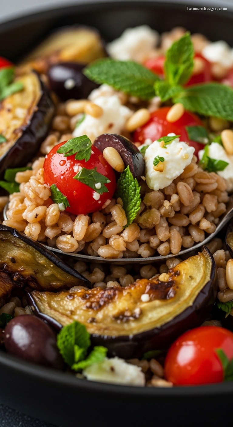 Mediterranean Farro Salad with Roasted Eggplant and Tomatoes – Closeup