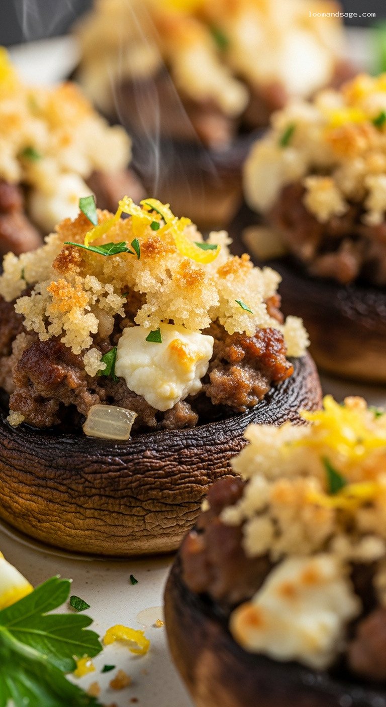 Mediterranean Lamb and Feta Stuffed Mushrooms with Toasted Breadcrumbs – Closeup