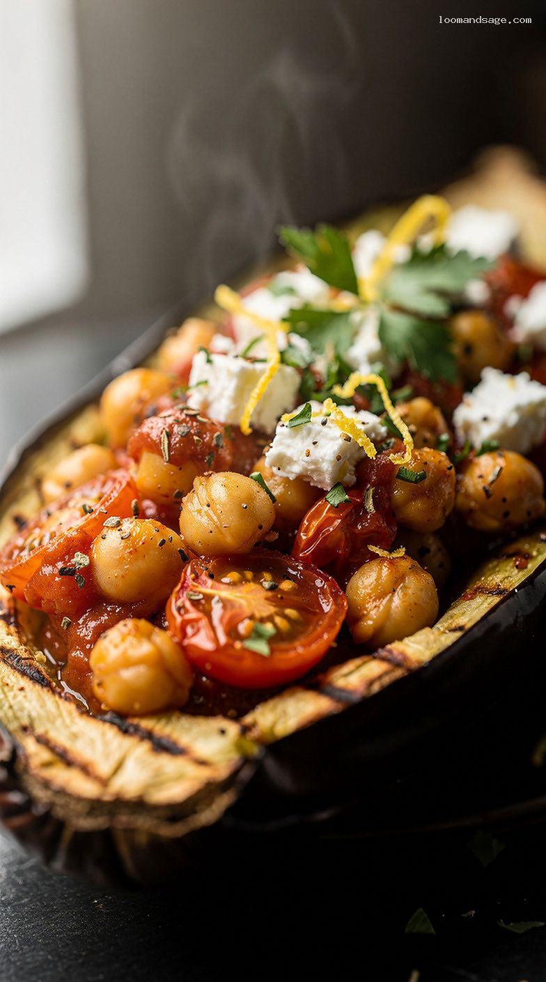 Mediterranean Roasted Eggplant Boats With Chickpeas and Feta – Closeup