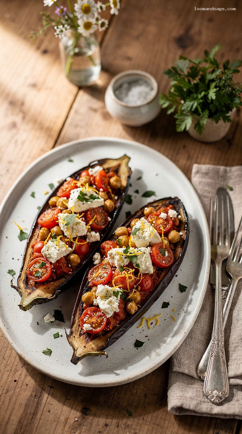 Mediterranean Roasted Eggplant Boats With Chickpeas and Feta