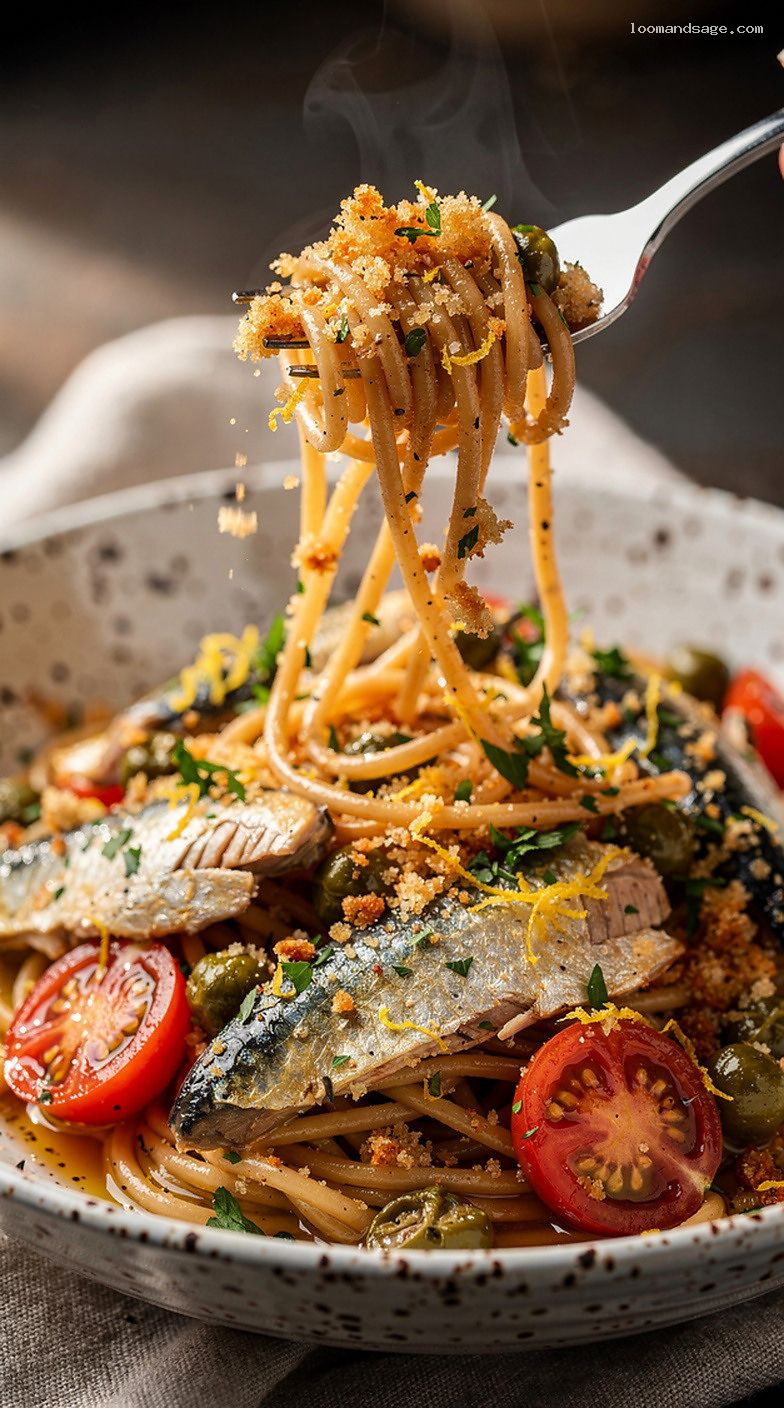 Mediterranean Sardine and Lemon Whole-Wheat Pasta with Capers – Closeup
