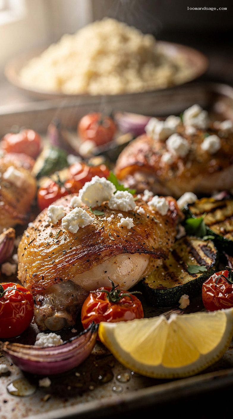 Mediterranean Sheet-Pan Chicken and Veggies With Feta – Closeup