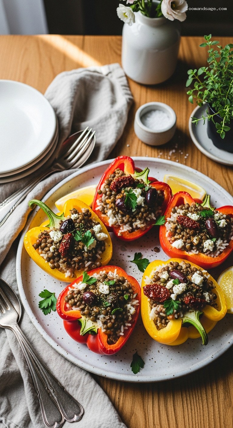 Mediterranean Stuffed Peppers With Rice and Lentils