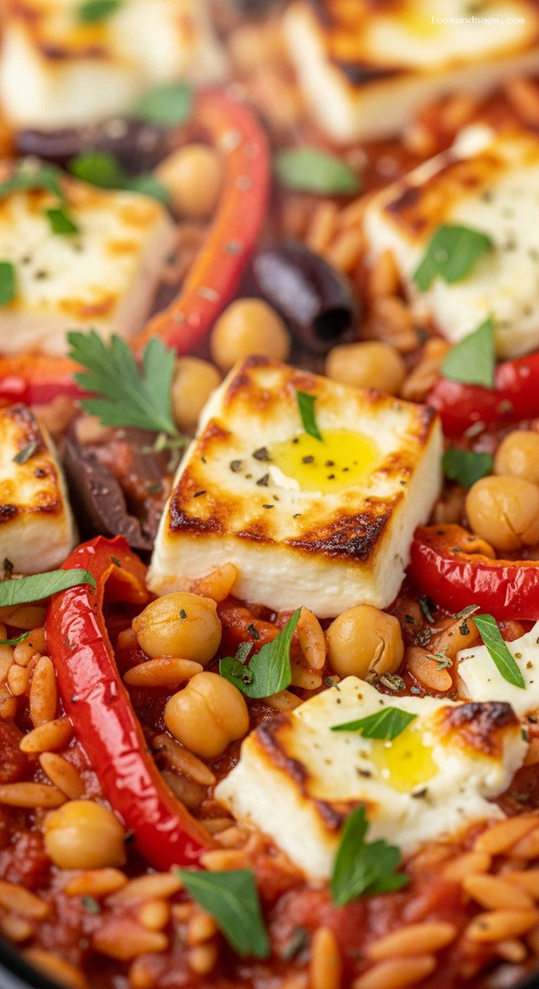 Mediterranean Tomato Orzo Bake with Chickpeas and Peppers – Closeup