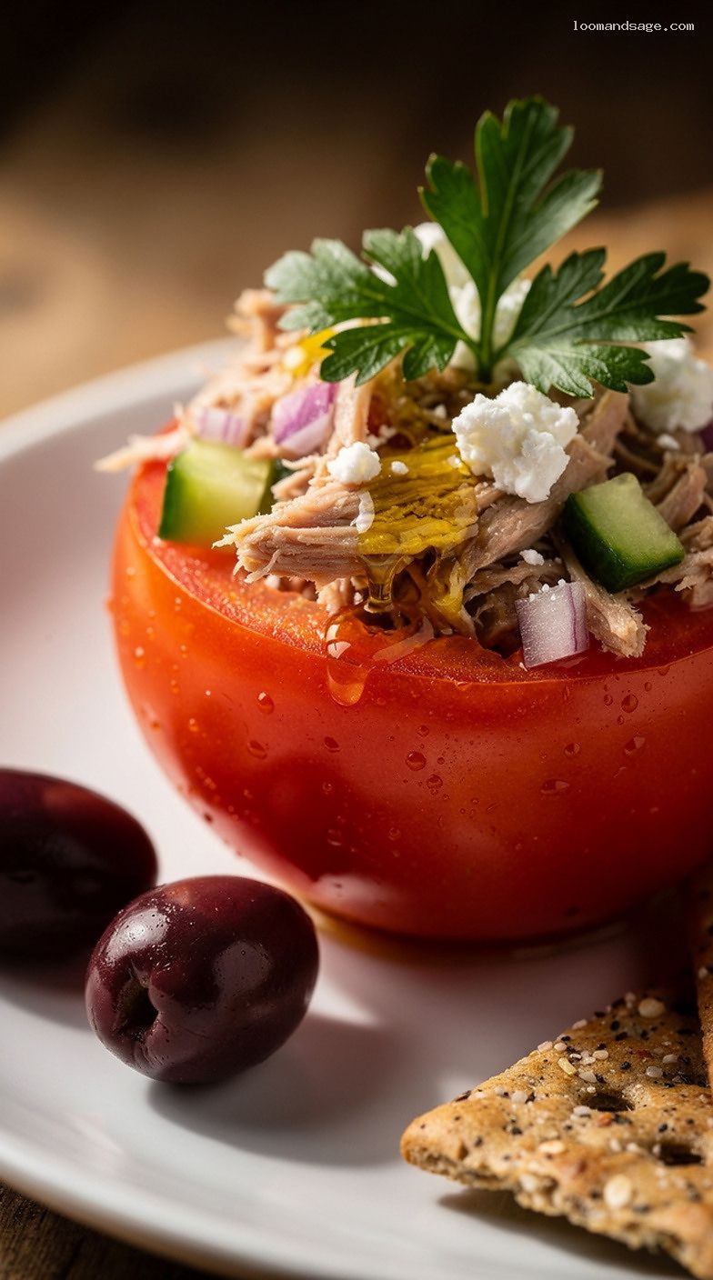 Mediterranean Tuna-Stuffed Tomatoes with Feta and Lemon – Closeup