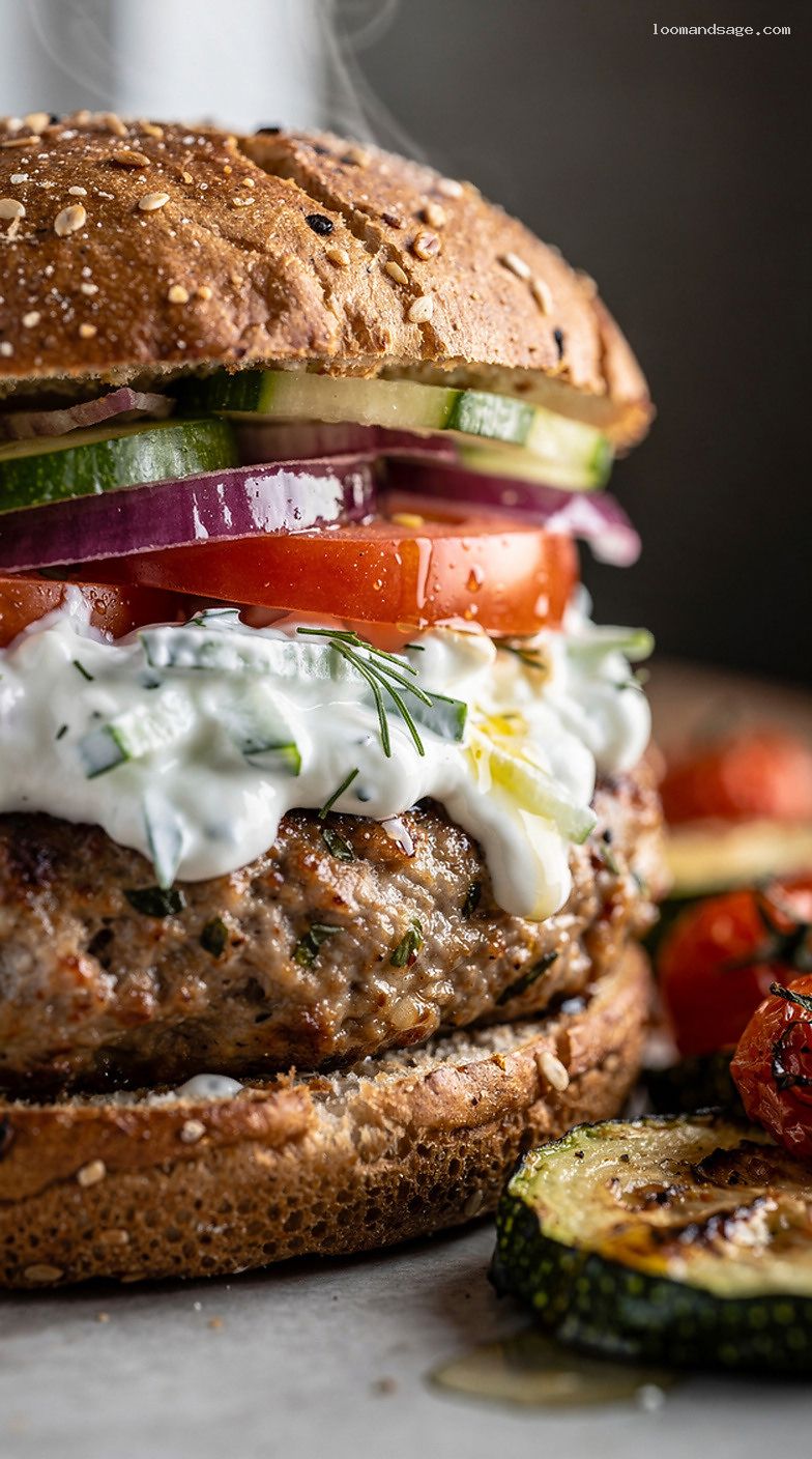 Mediterranean Turkey Burgers With Tzatziki and Roasted Veggies – Closeup