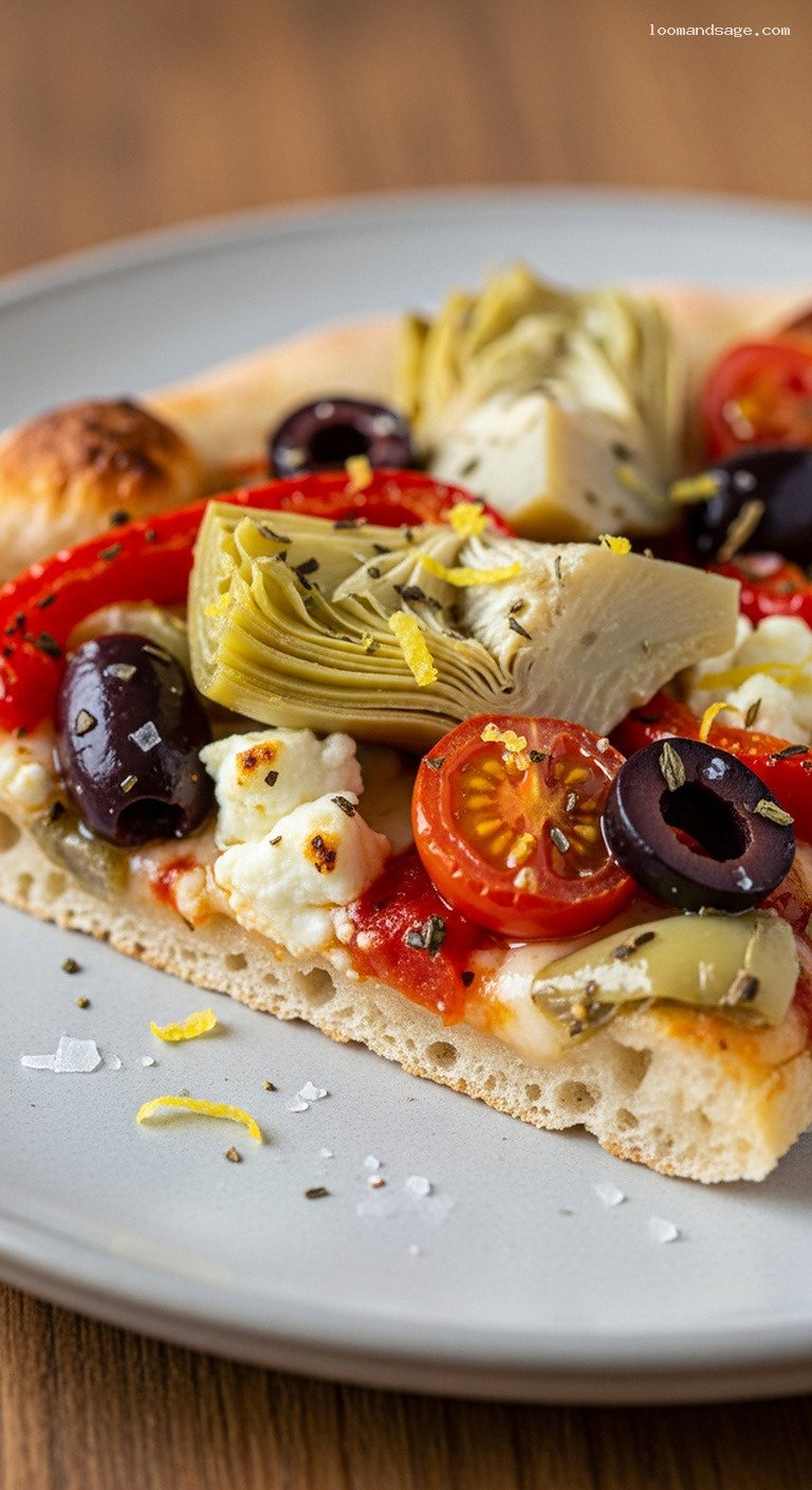 Mediterranean Veggie Pizza With Feta and Olives – Closeup