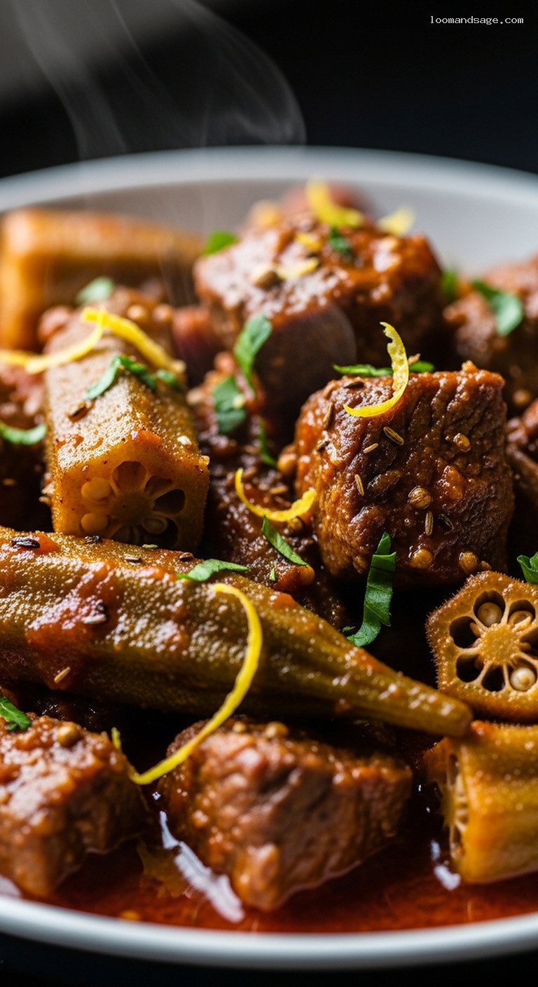 Middle Eastern Lamb and Okra Stew With Tomato and Lemon – Closeup