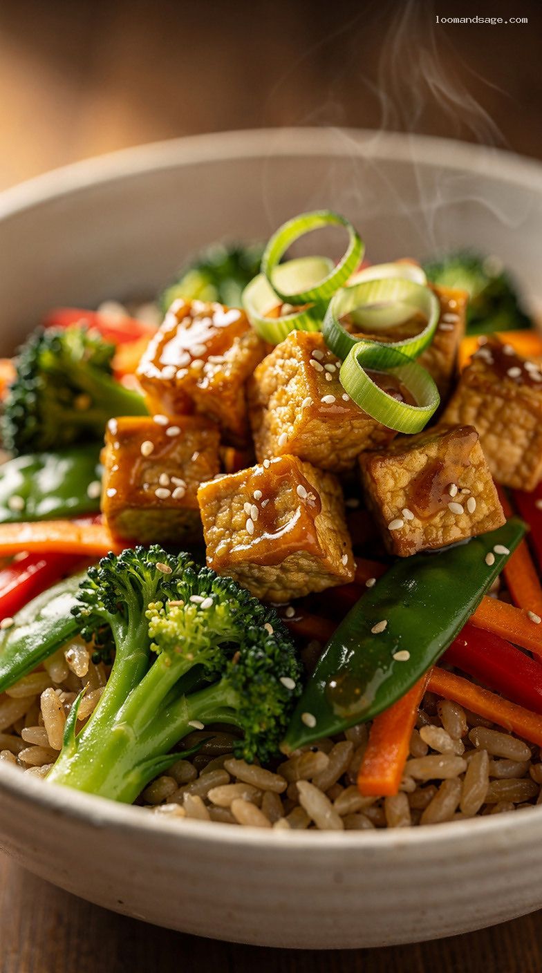 Miso Ginger Tofu Stir-Fry With Crisp Veggies Over Brown Rice – Closeup