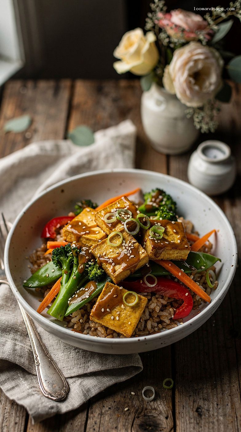 Miso Ginger Tofu Stir-Fry With Crisp Veggies Over Brown Rice