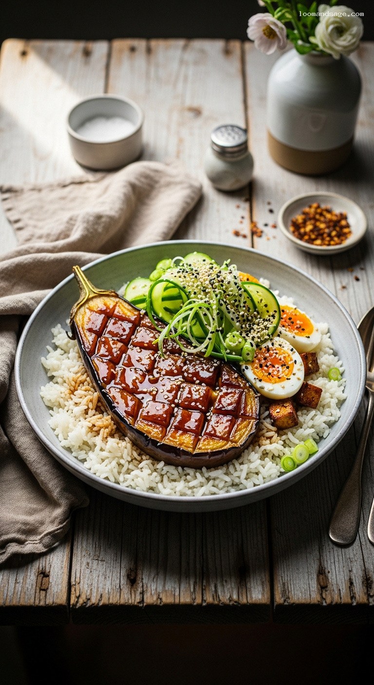Miso-Glazed Eggplant Rice Bowls with Sesame Scallions