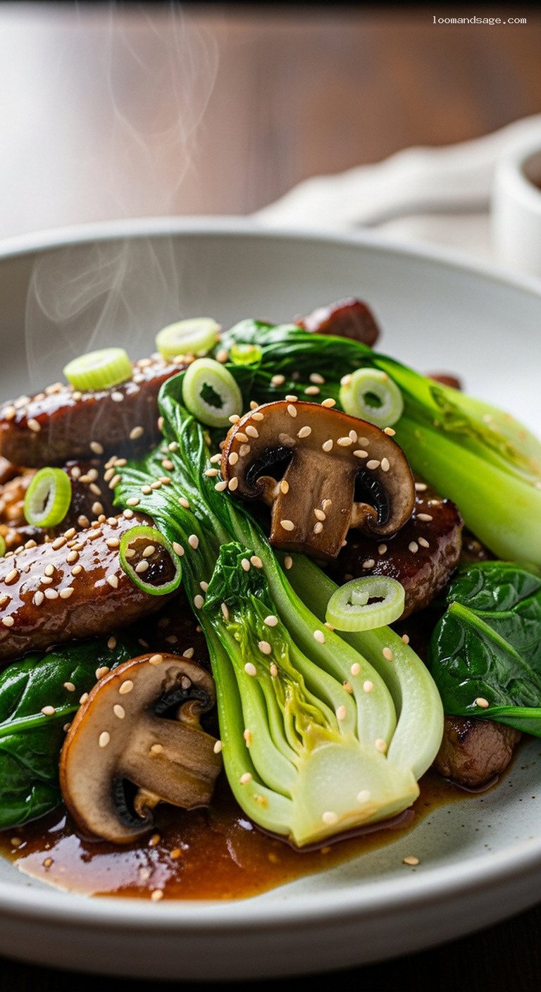 Miso Lamb Stir-Fry With Mushrooms and Greens – Closeup