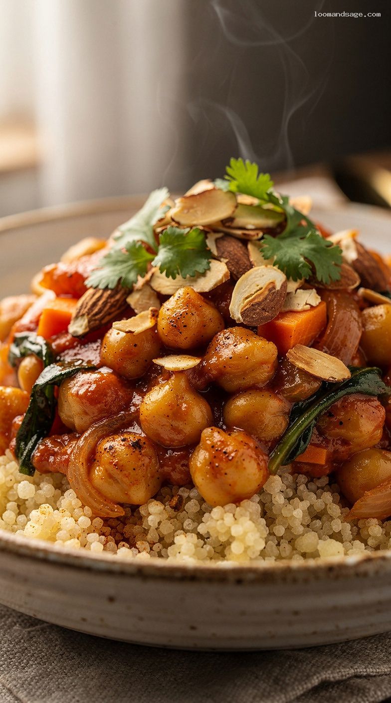 Moroccan Chickpea Stew With Spinach Over Couscous – Closeup