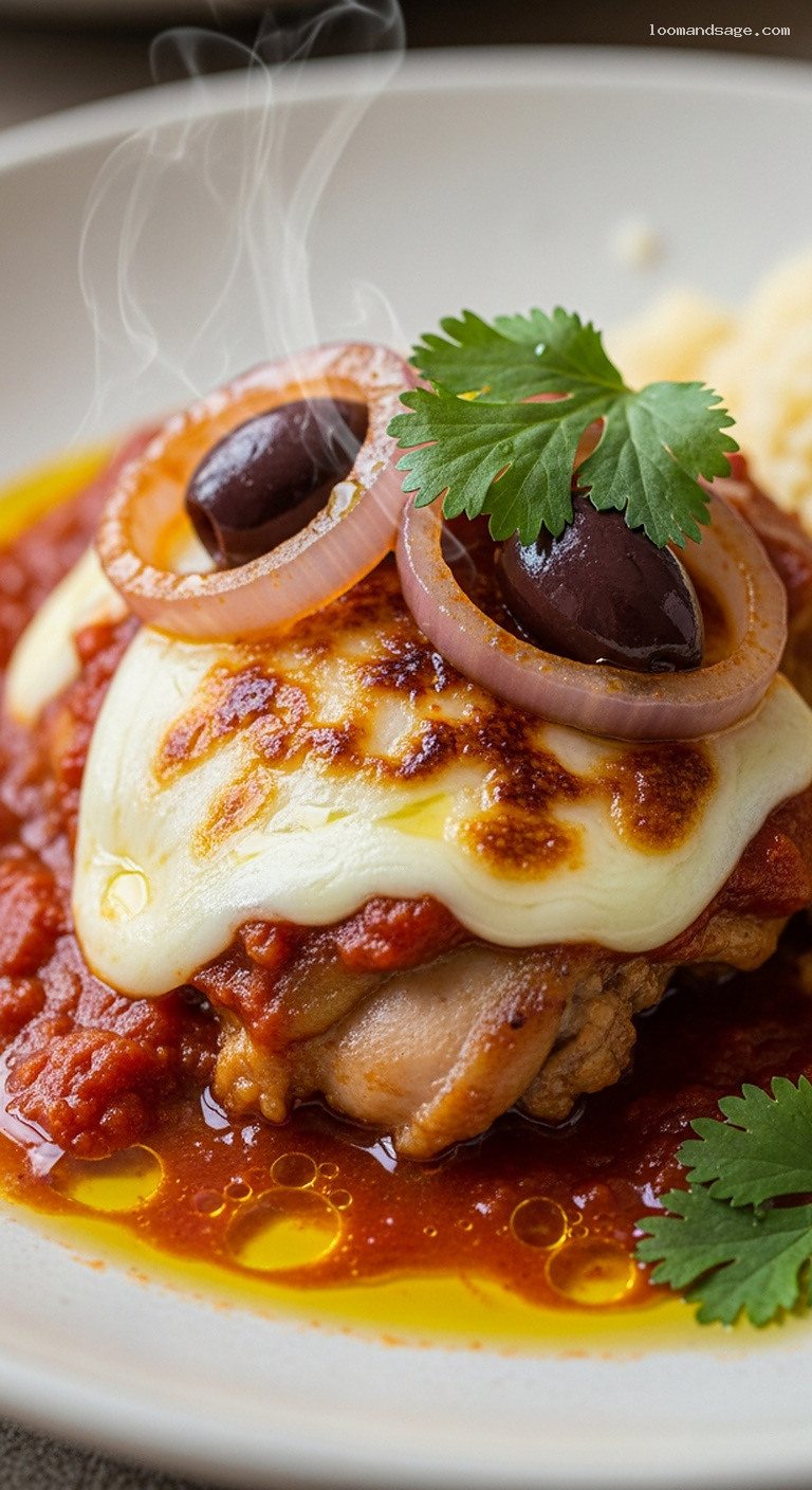 Moroccan Harissa Chicken with Mozzarella, Olives and Cilantro – Closeup