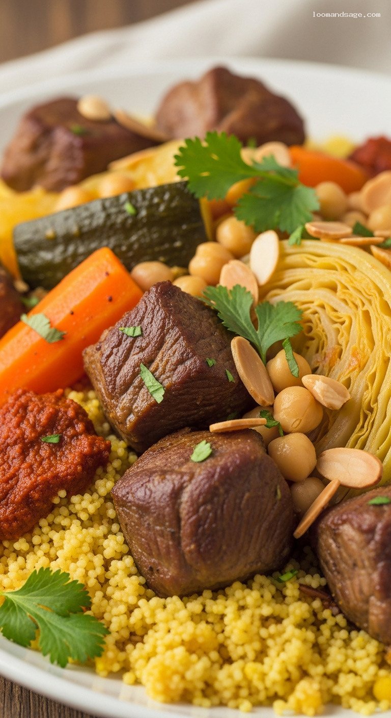Moroccan Lamb Couscous Royale With Vegetables and Chickpeas – Closeup