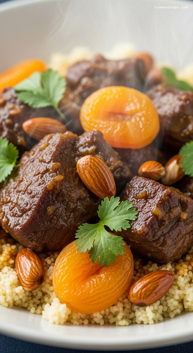 Moroccan Lamb Tagine With Apricots, Almonds and Couscous – Closeup