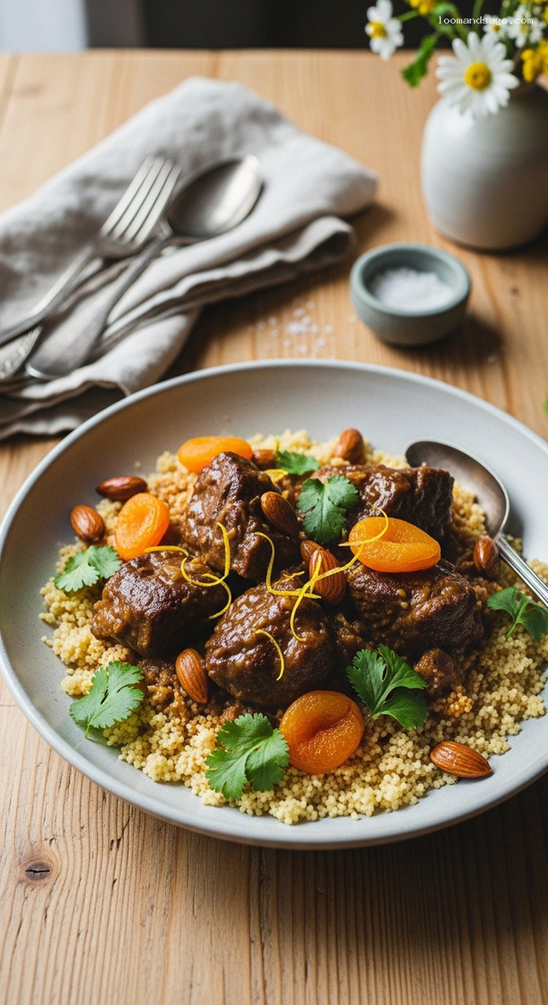 Moroccan Lamb Tagine With Apricots, Almonds and Couscous