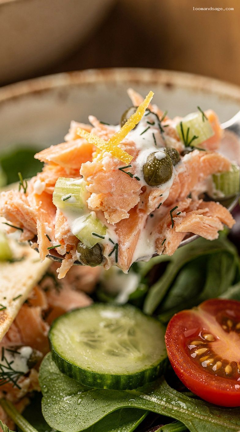 No-Mayo Lemon Dill Salmon Salad Wrap or Greens – Closeup