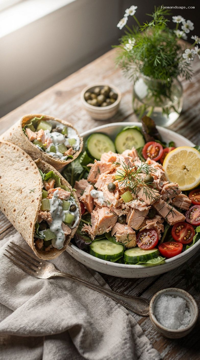 No-Mayo Lemon Dill Salmon Salad Wrap or Greens