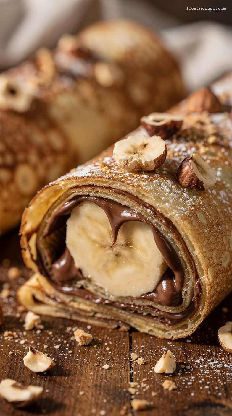 Nutella Banana Crêpes With Toasted Hazelnuts and Powdered Sugar – Closeup