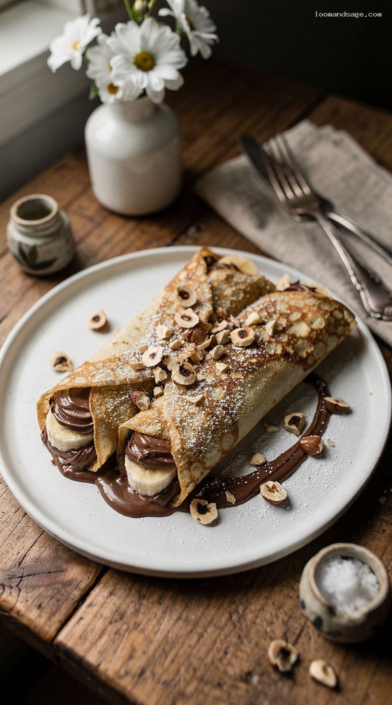 Nutella Banana Crêpes With Toasted Hazelnuts and Powdered Sugar