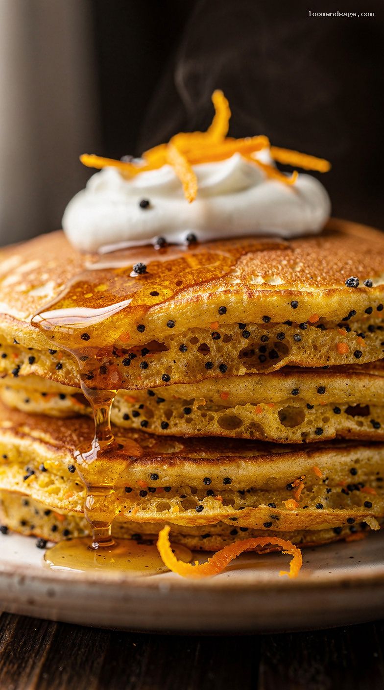 Orange Poppy Seed Pancakes With Orange Maple Syrup – Closeup