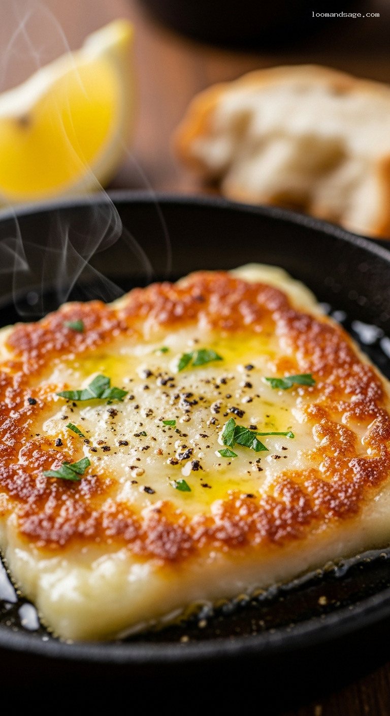 Pan-Seared Greek Saganaki With Lemon – Closeup