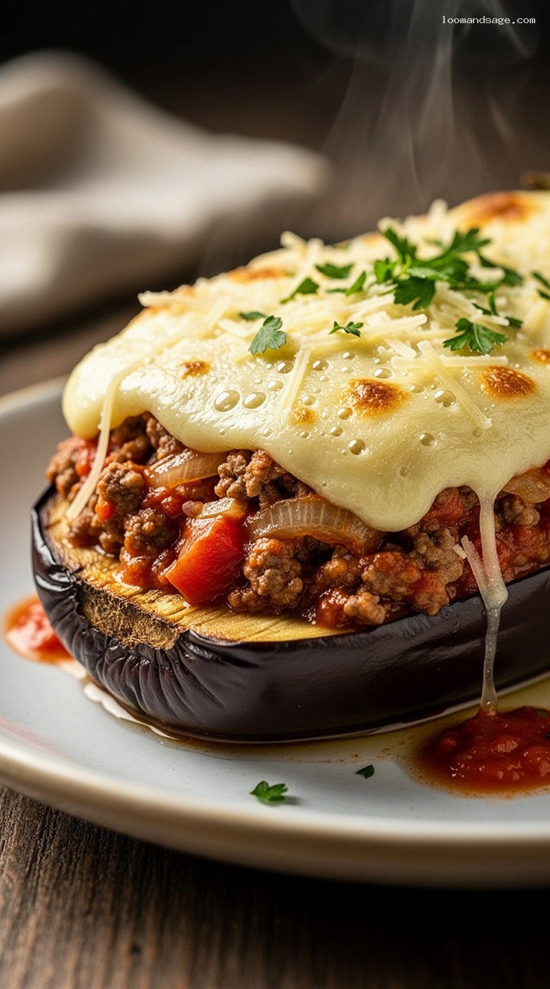 Papoutsakia Stuffed Eggplants With Meat Sauce and Béchamel – Closeup