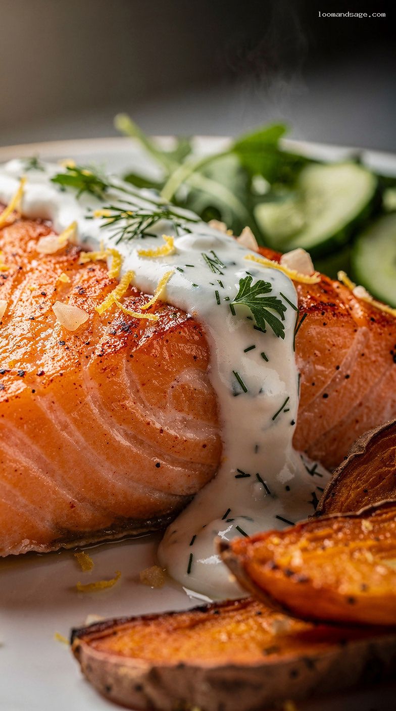 Paprika Lemon Salmon With Herby Yogurt and Roasted Sweet Potatoes – Closeup