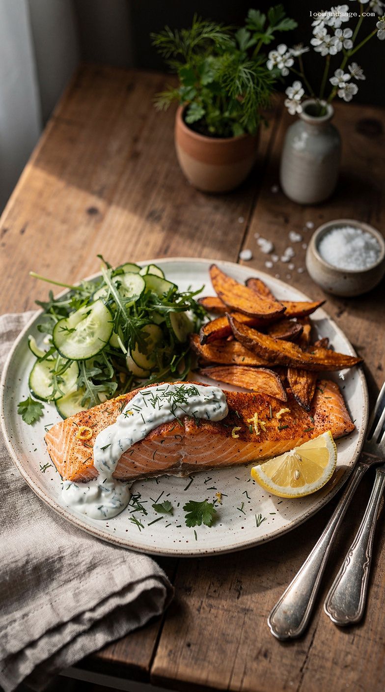 Paprika Lemon Salmon With Herby Yogurt and Roasted Sweet Potatoes