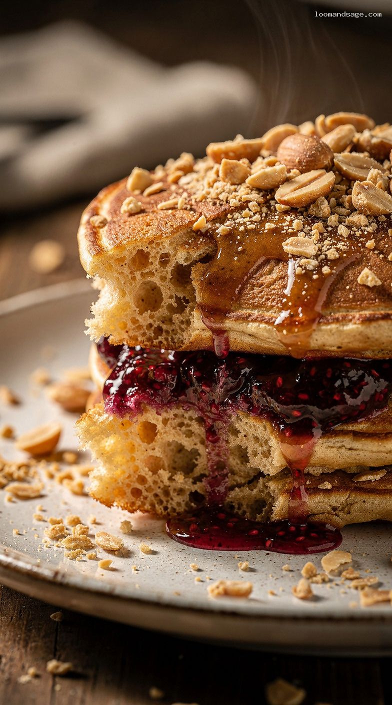 Peanut Butter and Jelly Swirl Pancakes with Jam and Crunch – Closeup