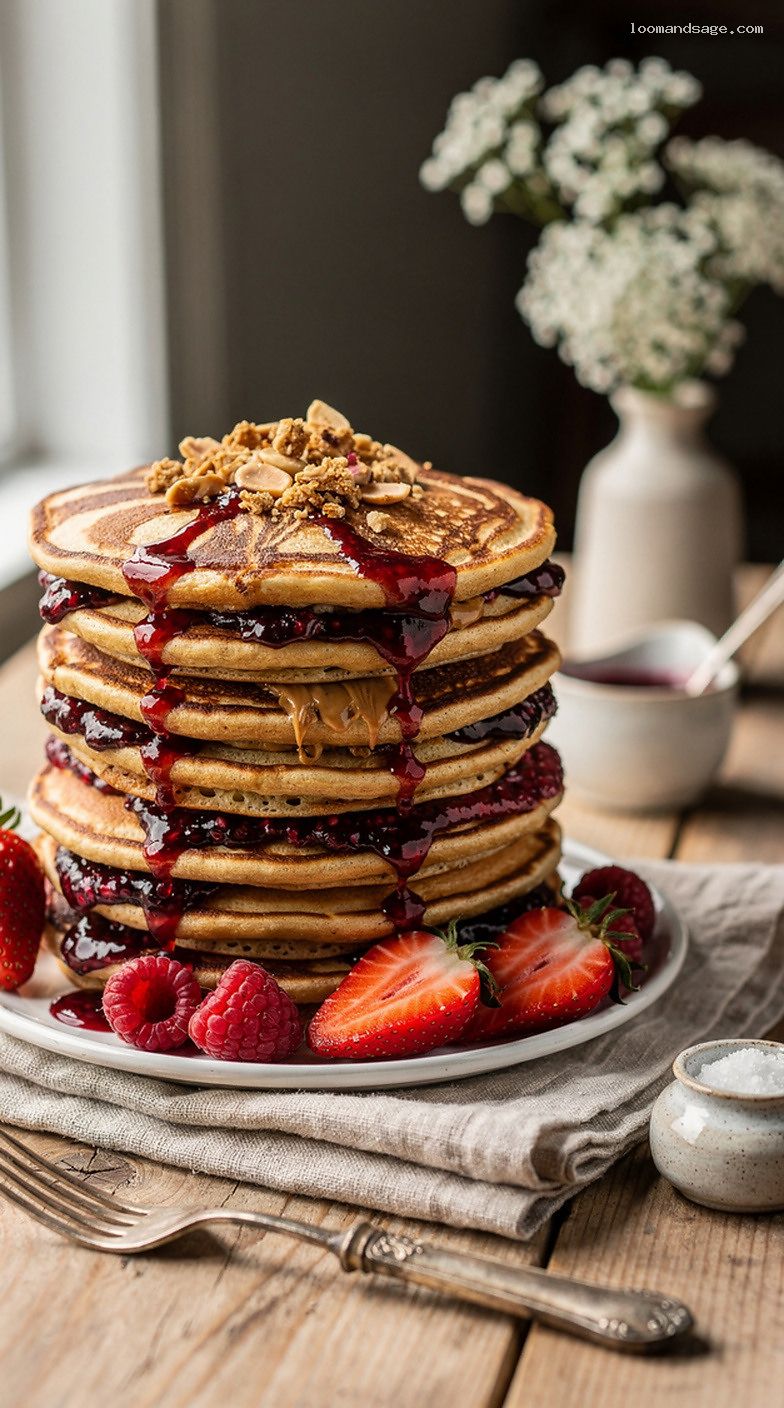 Peanut Butter and Jelly Swirl Pancakes with Jam and Crunch