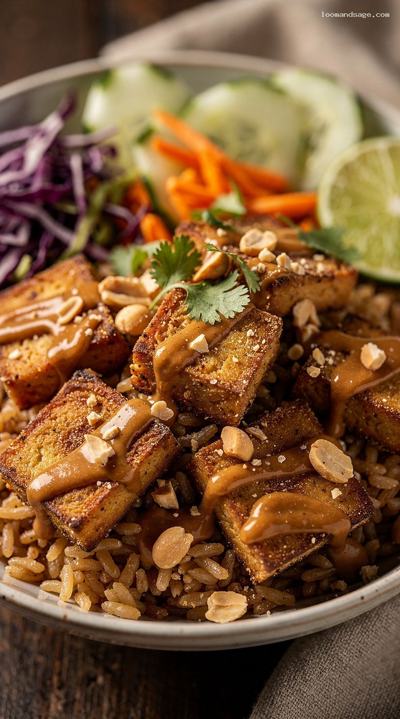 Peanut-Lime Tofu Rice Bowl With Crunchy Veggies – Closeup