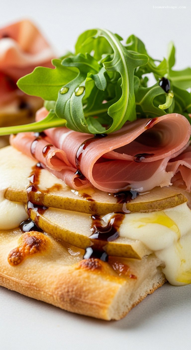 Pear and Prosciutto Arugula Pizza with Honey-Balsamic Drizzle – Closeup