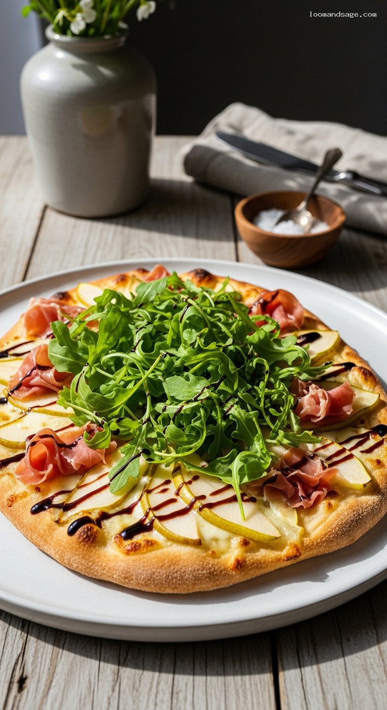 Pear and Prosciutto Arugula Pizza with Honey-Balsamic Drizzle