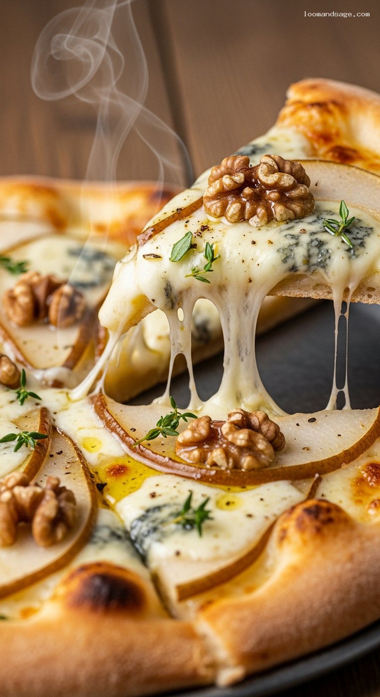 Pear, Gorgonzola and Walnut Pizza with Olive Oil – Closeup