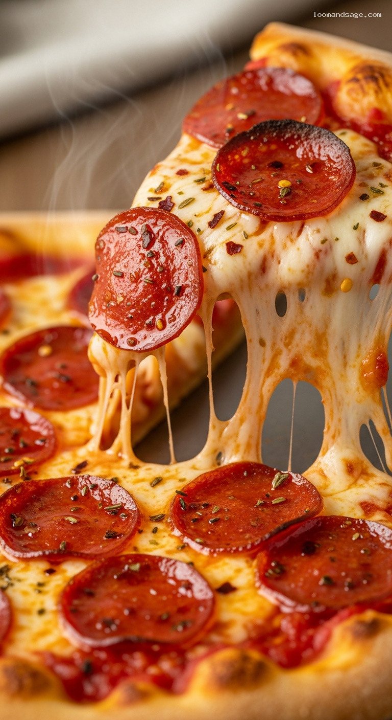 Pepperoni Deluxe Pizza with Crispy Edges and Oregano – Closeup