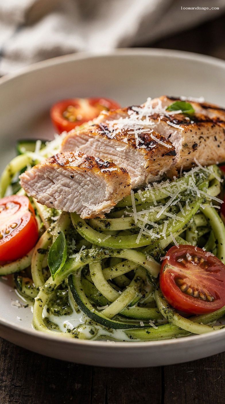 Pesto Chicken Zucchini Noodles With Cherry Tomatoes and Parmesan – Closeup