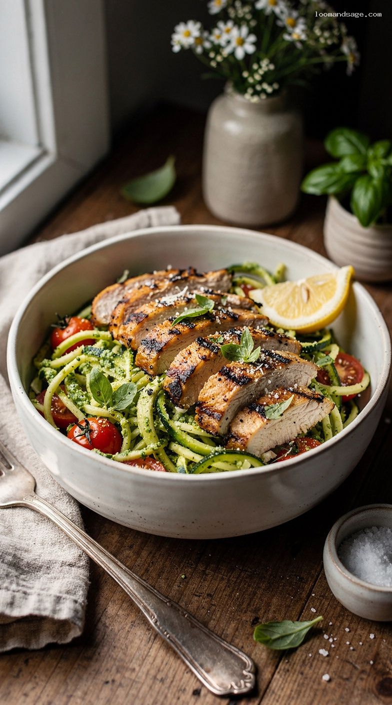 Pesto Chicken Zucchini Noodles With Cherry Tomatoes and Parmesan
