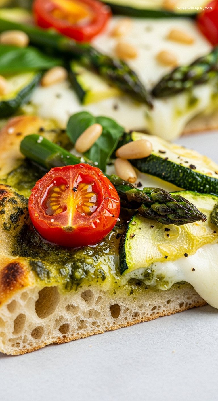 Pesto Primavera Pizza With Grilled Zucchini and Asparagus – Closeup