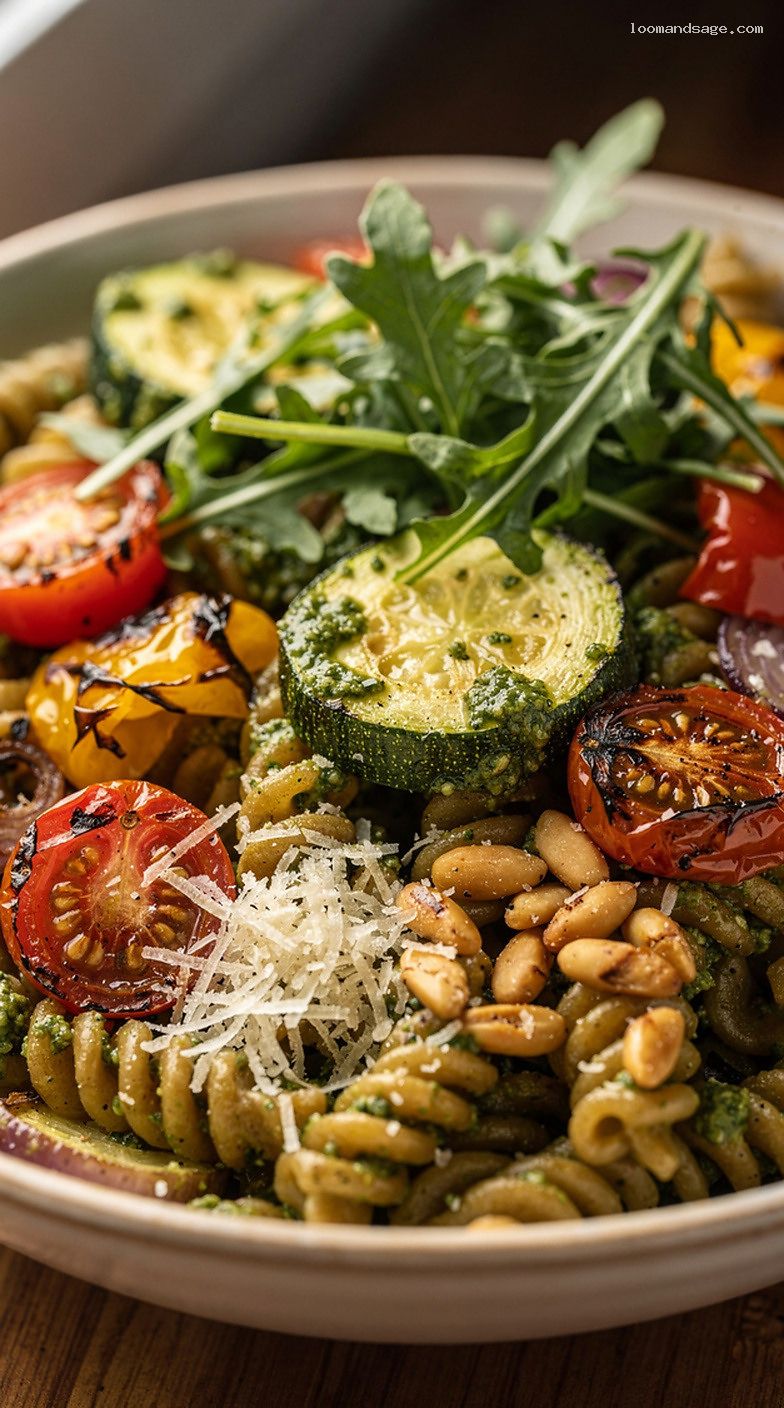 Pesto Roasted Vegetable Whole-Wheat Pasta Salad – Closeup